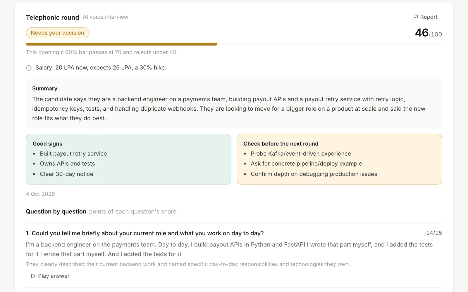 An AI phone screen's result in HR Mitra: a score, a summary, good signs, what to check next, and each question with the candidate's answer.